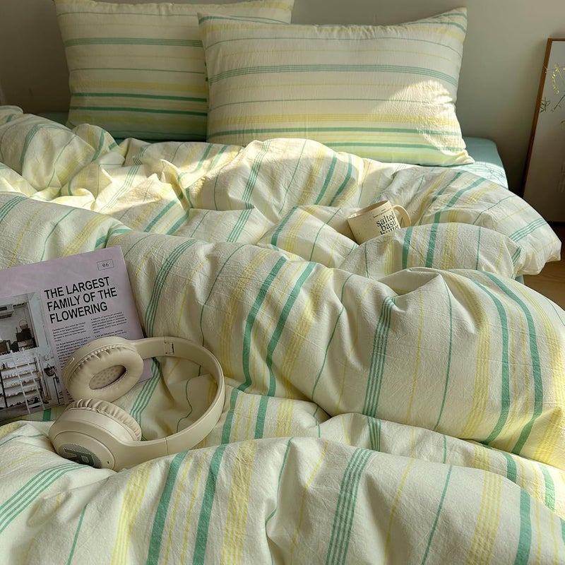 EAVD Vintage Striped Comforter Set Twin XL Soft Cotton 3-Piece Boho Bedding Set with 2 Pillowcases Retro Yellow-Green Vertical Stripes Geometric Comforter Set for All-Season - Image 1