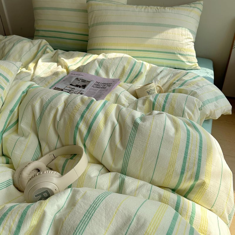 EAVD Vintage Striped Comforter Set Twin XL Soft Cotton 3-Piece Boho Bedding Set with 2 Pillowcases Retro Yellow-Green Vertical Stripes Geometric Comforter Set for All-Season - Image 3