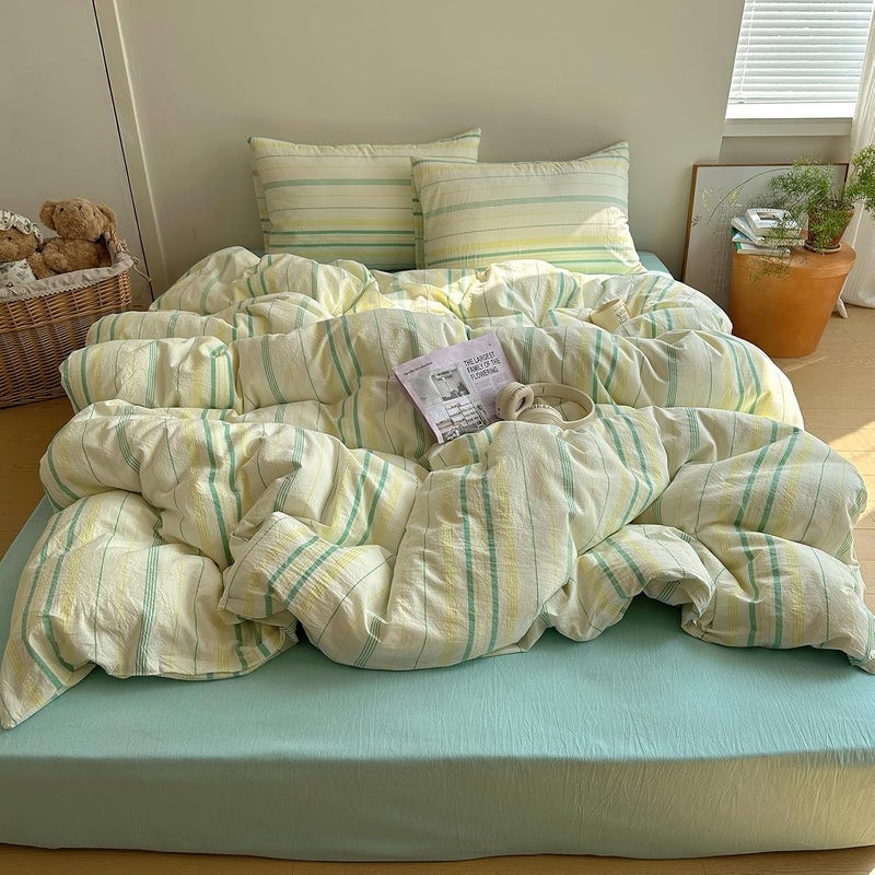 EAVD Vintage Striped Comforter Set Twin XL Soft Cotton 3-Piece Boho Bedding Set with 2 Pillowcases Retro Yellow-Green Vertical Stripes Geometric Comforter Set for All-Season - Image 4