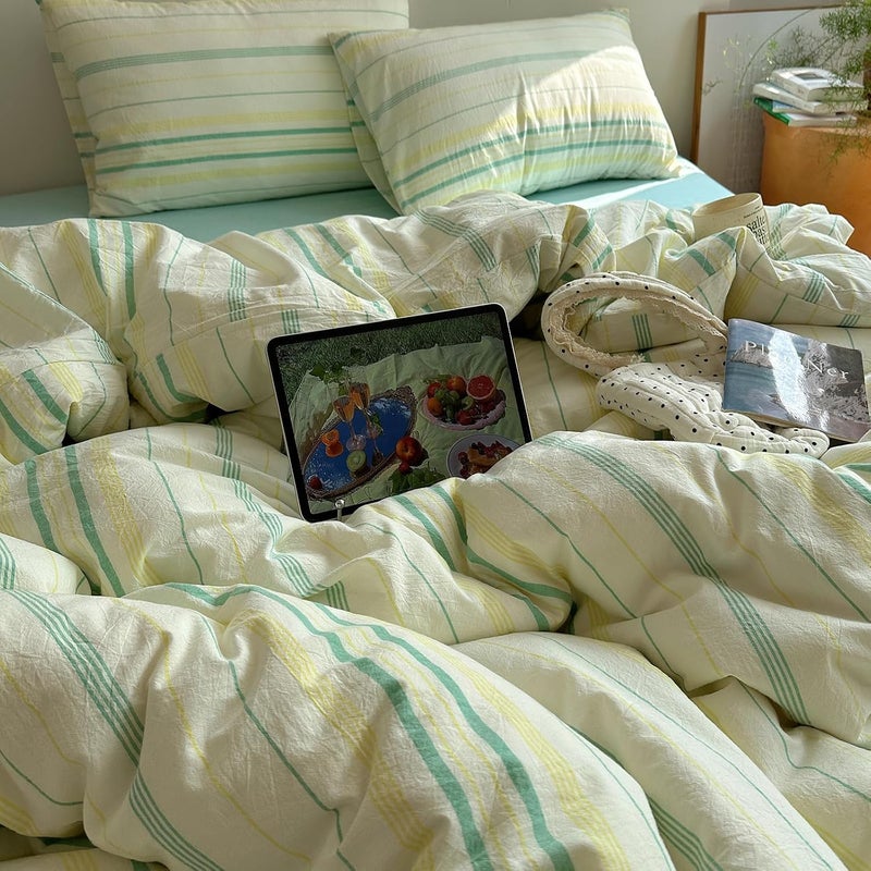 EAVD Vintage Striped Comforter Set Twin XL Soft Cotton 3-Piece Boho Bedding Set with 2 Pillowcases Retro Yellow-Green Vertical Stripes Geometric Comforter Set for All-Season - Image 5