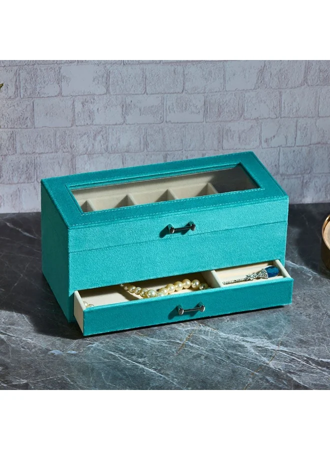 DANUBE HOME Danube Home Elsa Velvet Jewelry Organizer - 28X12.5X13Cm Turquoise Stylish Jewelry Storage Box For Rings, Necklaces, Earrings & Bracelets| Perfect For Travel & Home Use| Decorative Home Accessories