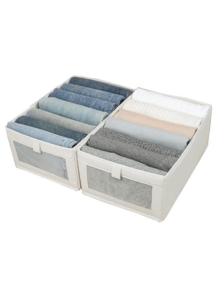 2 Pack Foldable Wardrobe Clothes Organizer, 7 Grids Drawer Closet Organizers with Mesh Window and Handle, Storage Box for Clothing, Jeans, Bras, Leggings, Sweaters, (Beige) - Image 1