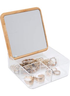 Simplify Simplify 3 Compartment Organizer with Bamboo Lid | Mirror | Perfect for Jewelry | Cosmetics | Accessories | Vanity & Countertop | Keepsake Storage Box | Clear 