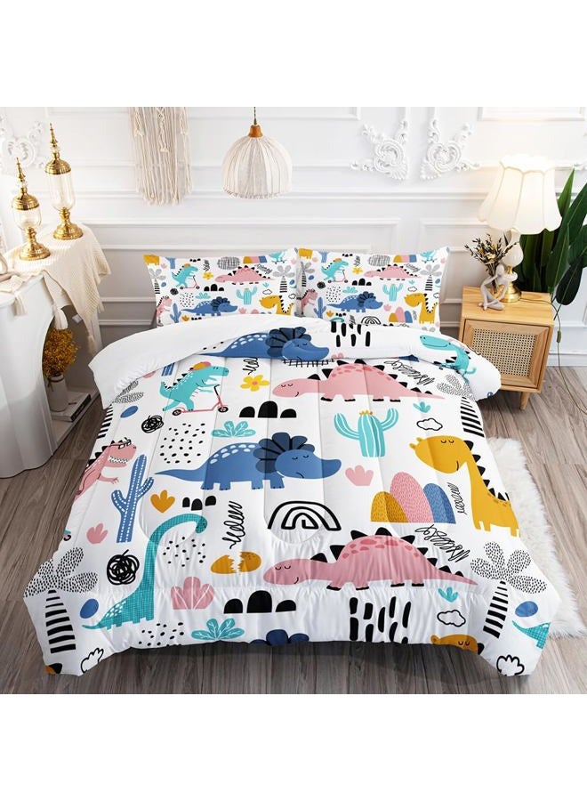 XYNHML Cartoon Dinosaur Rainbow Comforter Set Twin 3Pc Kawaii Dinosaur Bedding Set All Season with Cactus, Coconut Tree Decoration Includes 1 Comforter, 2 Pillowcases for Kids Girls Teens - Image 1