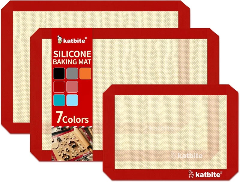 Katbite Silicone Baking Mat Colorful Collection - Set of 3: 2 Half Sheets Mats (11 5/8" x 16 1/2") + 1 Quarter Baking Sheet, Reusable & Nonstick Bakeware Mats for Cookies, Macarons, Bread (Red) - Image 1