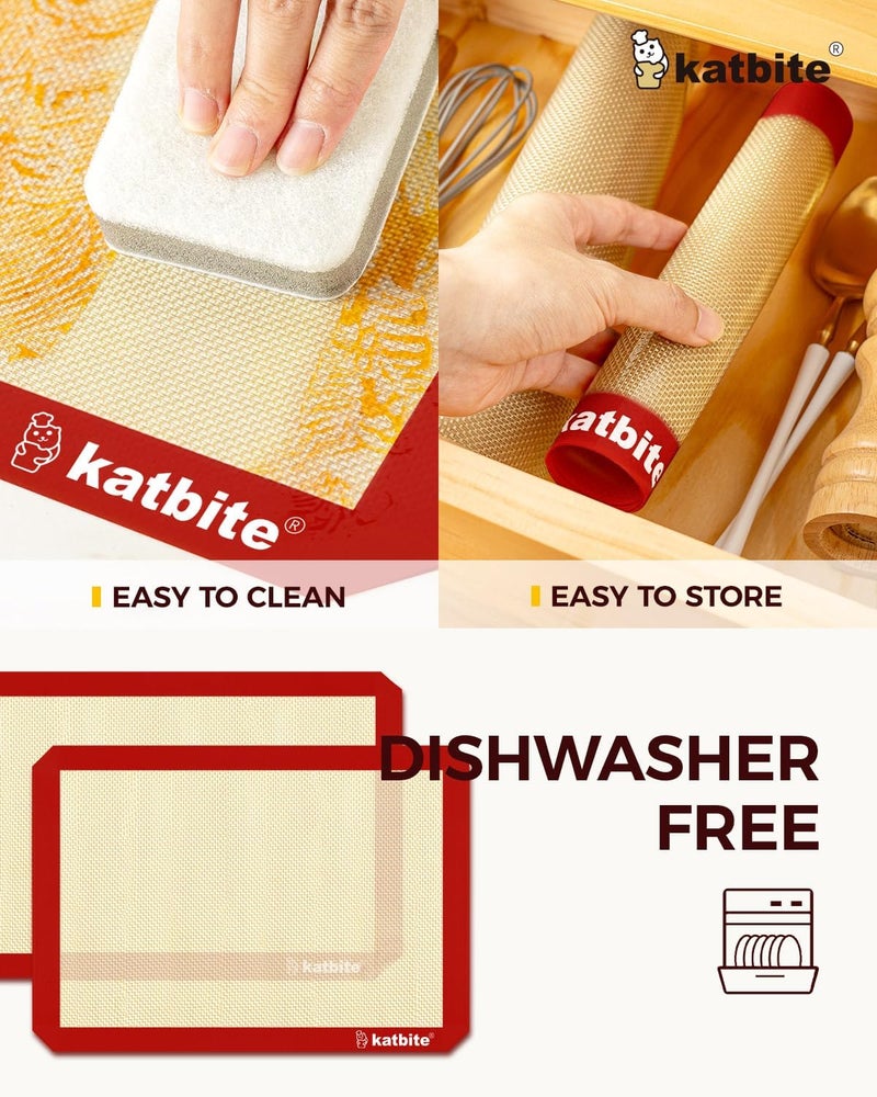 Katbite Silicone Baking Mat Colorful Collection - Set of 3: 2 Half Sheets Mats (11 5/8" x 16 1/2") + 1 Quarter Baking Sheet, Reusable & Nonstick Bakeware Mats for Cookies, Macarons, Bread (Red) - Image 4