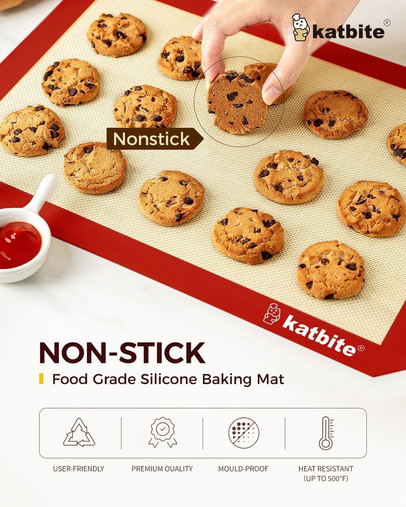 Katbite Silicone Baking Mat Colorful Collection - Set of 3: 2 Half Sheets Mats (11 5/8" x 16 1/2") + 1 Quarter Baking Sheet, Reusable & Nonstick Bakeware Mats for Cookies, Macarons, Bread (Red) - Image 3