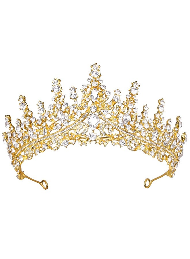 HY Gold Tiara for Women, Princess Crown - Royal Baroque Medieval Renaissance Crystal Headband for Queen Bridal Flower Girl Wedding Birthday Costumes Party - Image 1
