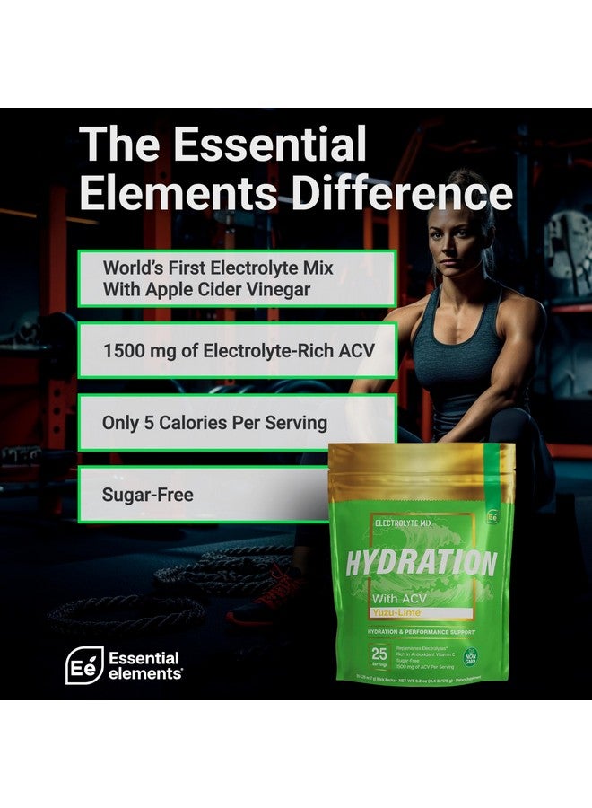 إسينشال إيليمينتس أكياس ترطيب العناصر الأساسية - عبوة يوزو لايم - أكياس مسحوق الإلكتروليتات الخالية من السكر - 25 عبوة من مسحوق الإلكتروليتات بدون سكر - مشروب ترطيب - مع خل التفاح وفيتامين سي - Image 1
