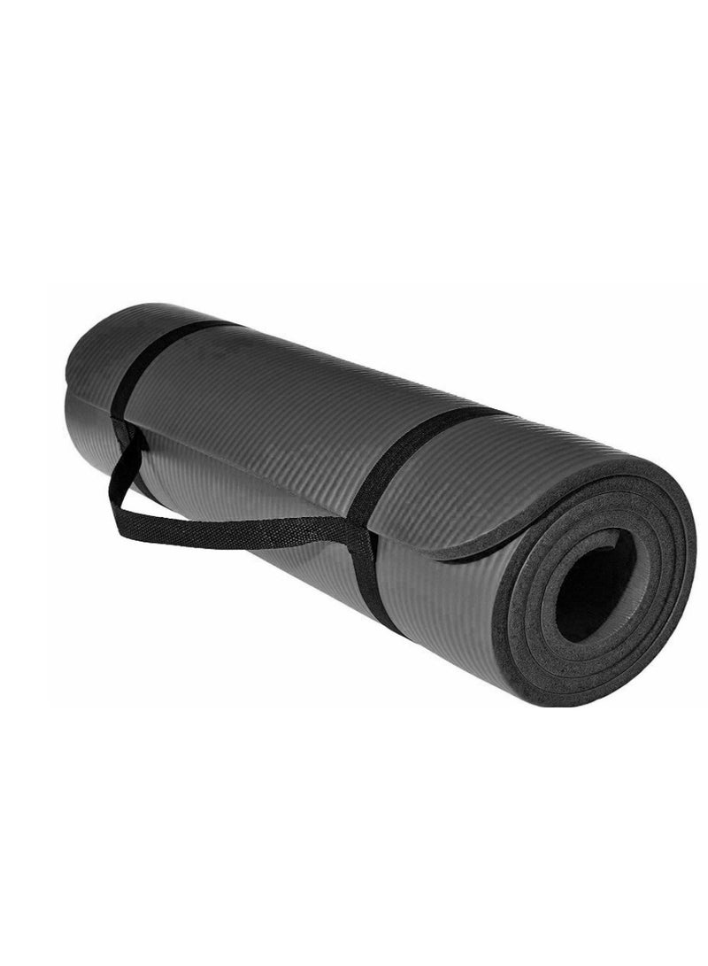 NBR Non-slip Yoga Mat 180x60cm with Strap 10mm Thick Exercise Mat for Pilates HIIT Home Workouts Black - Image 2