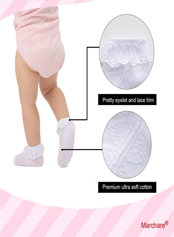 Marchare Baby Lace Socks 3 Pack - Infant Girls' Ruffle Frilly Eyelet Princess Cotton Socks, White 6-12 Months - Image 5