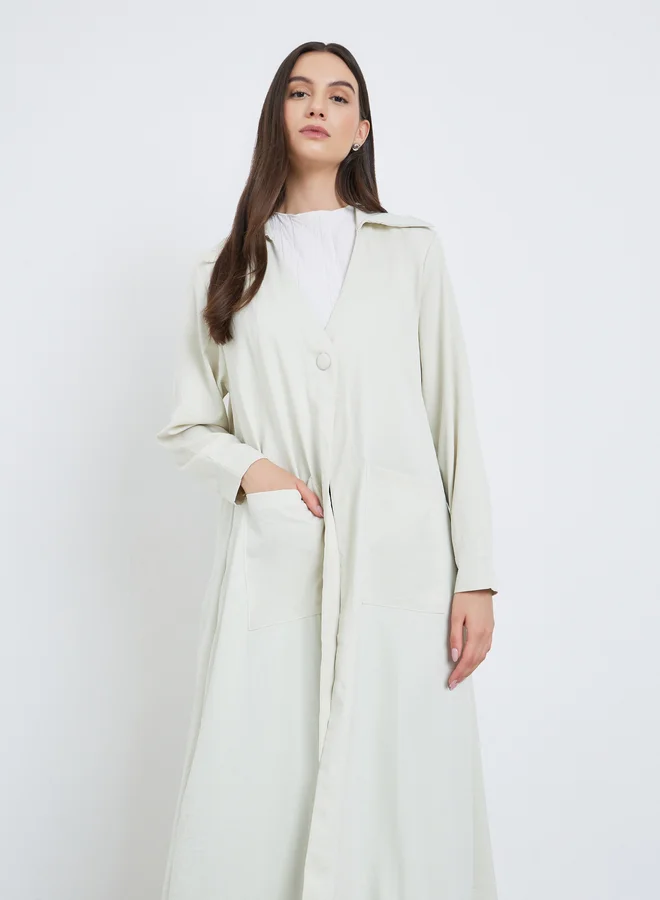 تايك تو Take Two Off-White Solid Button Detail Abaya