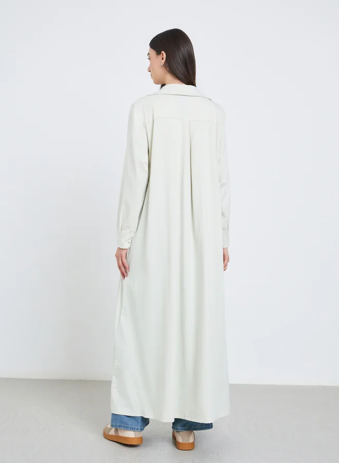 تايك تو Take Two Off-White Solid Button Detail Abaya