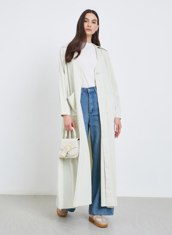 Take Two Off-White Solid Button Detail Abaya - Image 1