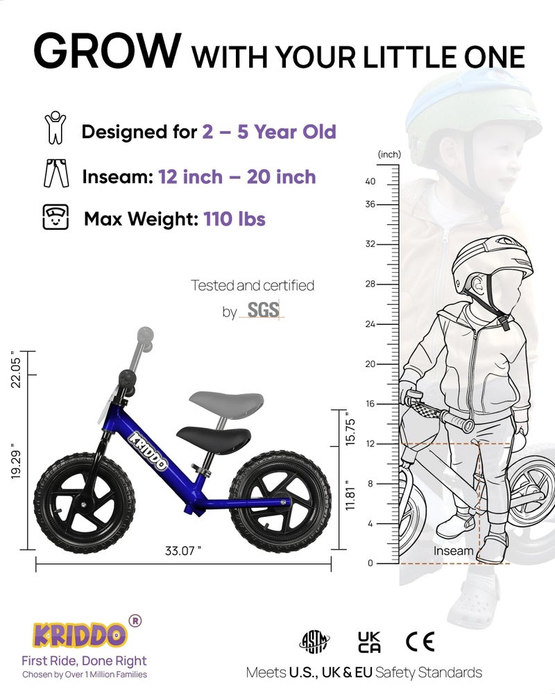 KRIDDO Toddler Balance Bike 2 Year Old, Age 18 Months to 5 Years Old, 12 Inch Push Bicycle with Customize Plate (3 Sets of Stickers Included), Steady Balancing, Gift Bike for 2-3 Boys Girls, Blue - Image 3