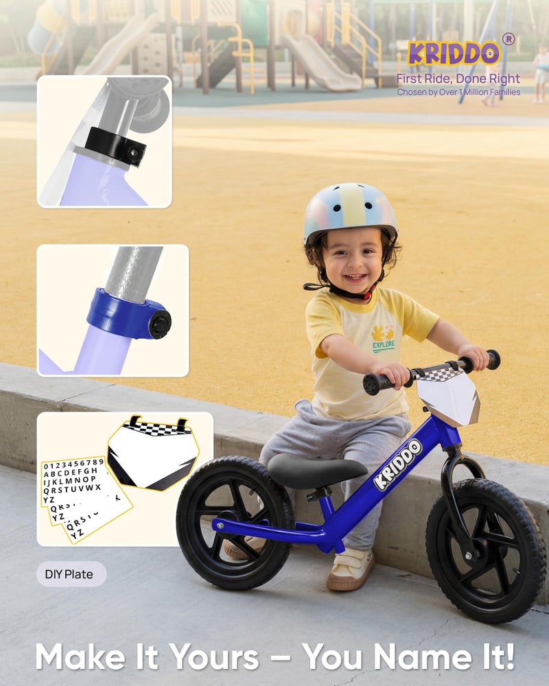 KRIDDO Toddler Balance Bike 2 Year Old, Age 18 Months to 5 Years Old, 12 Inch Push Bicycle with Customize Plate (3 Sets of Stickers Included), Steady Balancing, Gift Bike for 2-3 Boys Girls, Blue - Image 4