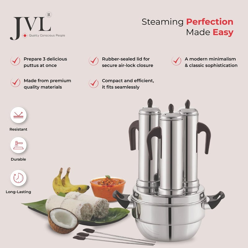 JVL صانع البوتو الفولاذي المقاوم للصدأ JVL (فولاذ مقاوم للصدأ، 3 شموع بوتو) - Image 3