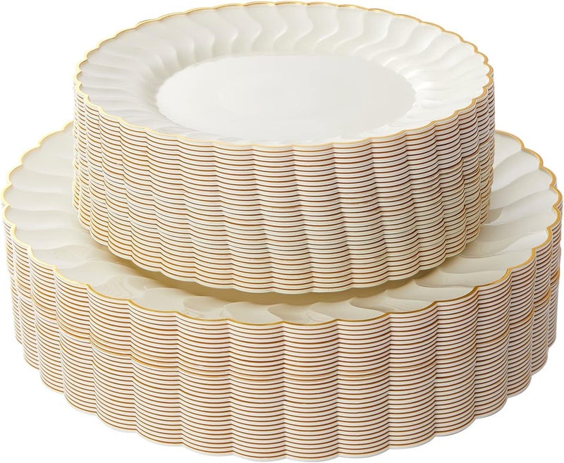 Lullaby 60PCS Ivory Scalloped Plastic Plates with Gold Rim, Disposable Elegant Plates Include 30pcs Dinner Plate 10.25", 30pcs Plastic Dessert Plate 7.5", Perfect for Wedding and Party - Image 1