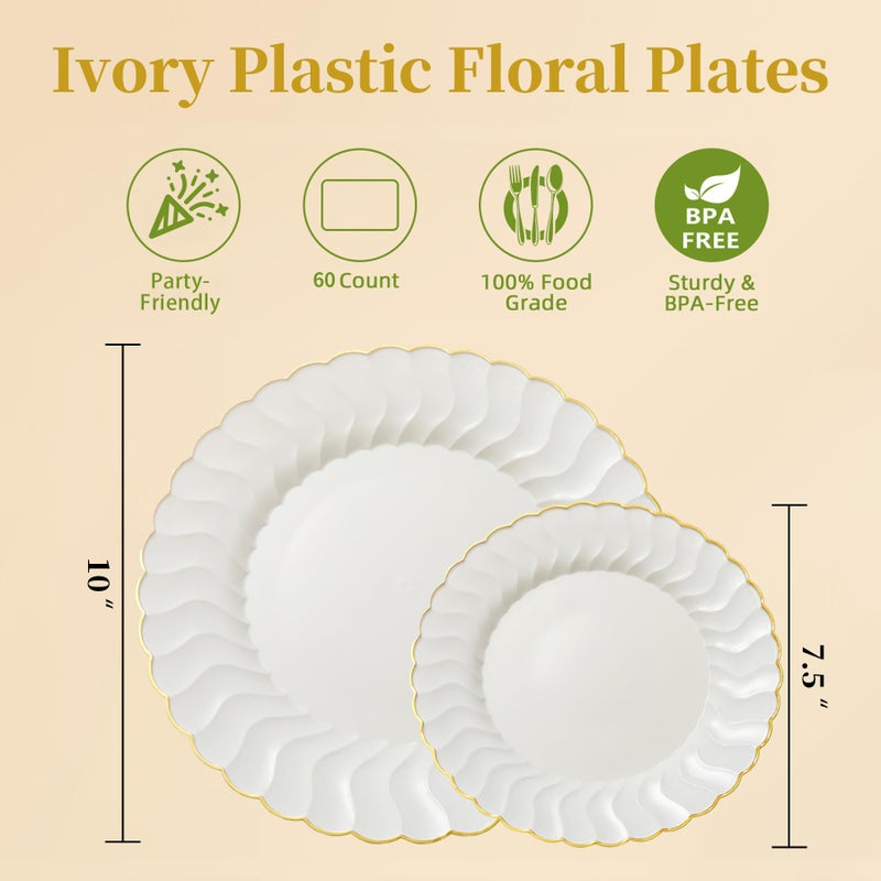 Lullaby 60PCS Ivory Scalloped Plastic Plates with Gold Rim, Disposable Elegant Plates Include 30pcs Dinner Plate 10.25", 30pcs Plastic Dessert Plate 7.5", Perfect for Wedding and Party - Image 2