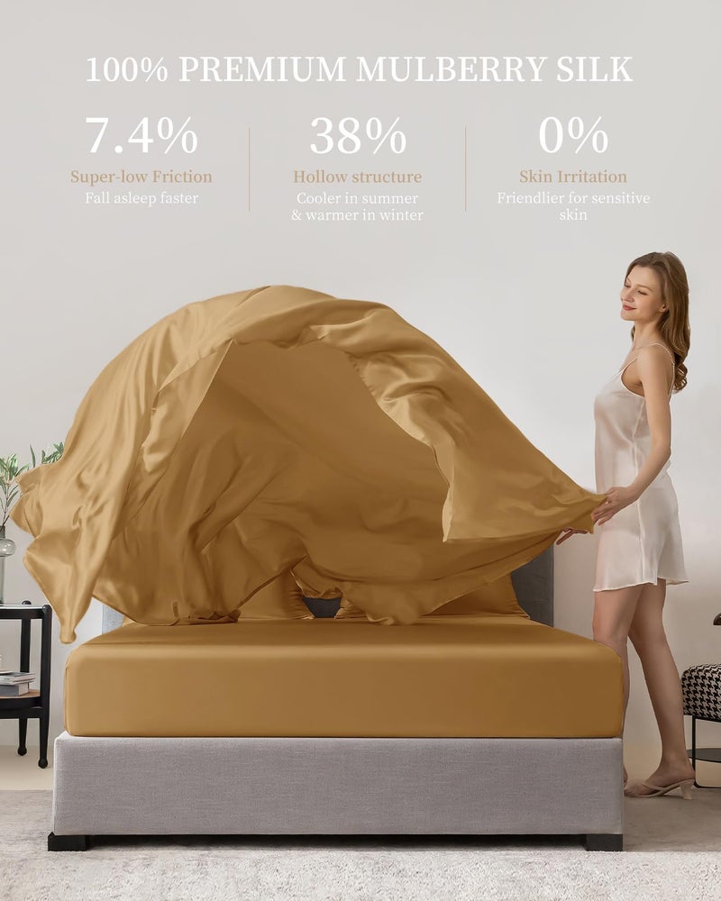 THXSILK 100% Mulberry Silk Sheet Set, 7A+ Silk Sheet Set Soft Breathable, Luxury Bedding (1 Flat Sheet, 1 Fitted Sheet, 2 Pillow Shams) King, Metallic Gold - Image 3
