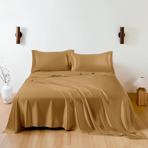 THXSILK 100% Mulberry Silk Sheet Set, 7A+ Silk Sheet Set Soft Breathable, Luxury Bedding (1 Flat Sheet, 1 Fitted Sheet, 2 Pillow Shams) King, Metallic Gold - Image 1