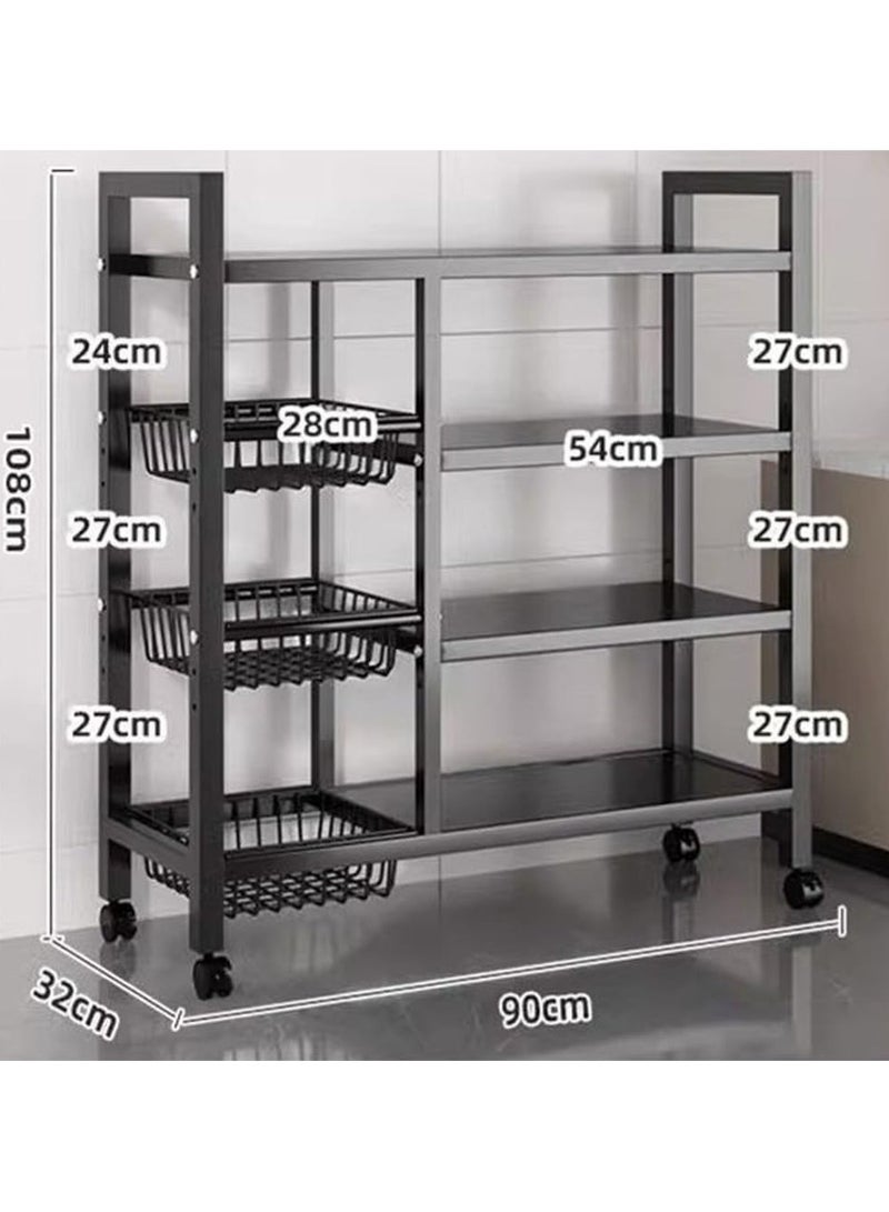 BLOOMING TIME 4-Tier Heavy Duty Metal Rack Storage Shelving Unit, Storage Organizer with 3 Mesh Baskets & Movable Universal Wheels - Image 1