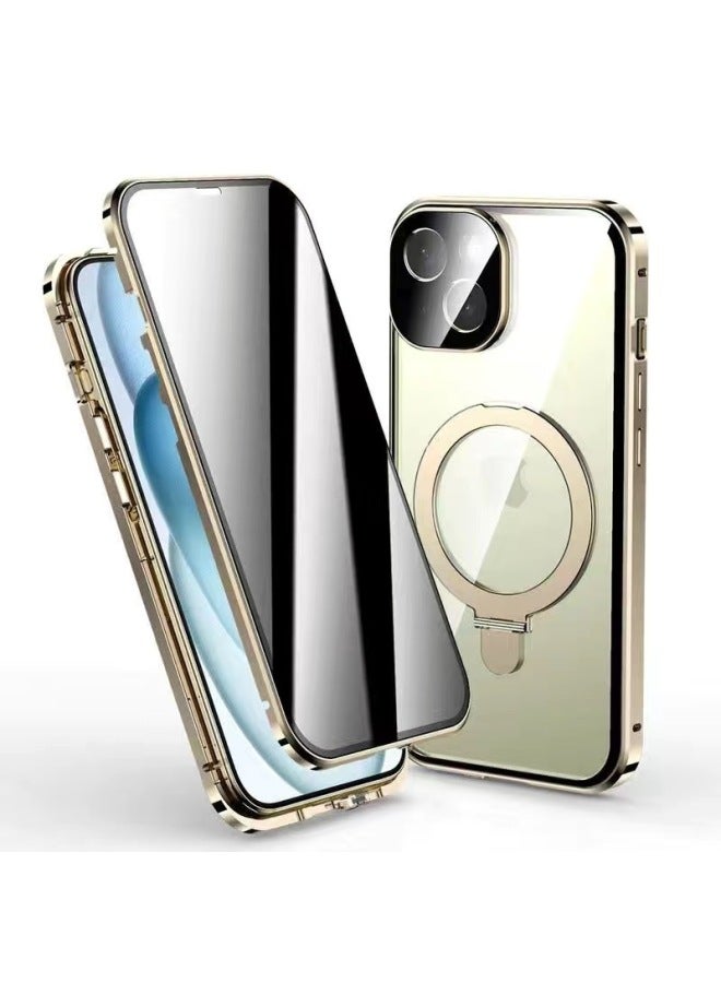 Suitable For Apple 16pro Mobile Phone Case Bracket Magneto Double-sided Full Covering Metallic Glass IPhone15 Product 14-Color:Champagne Gold [peepproof Version]-Applicable Model:Apple 16plus  - Image 1