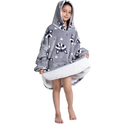 DESERT HOME Deserthome Wearable Blanket Hoodie for Kids 6-12YR Oversized Animal Hooded Blanket Super Soft Comfortable Warm Flannel Grey Raccoon - Image 3