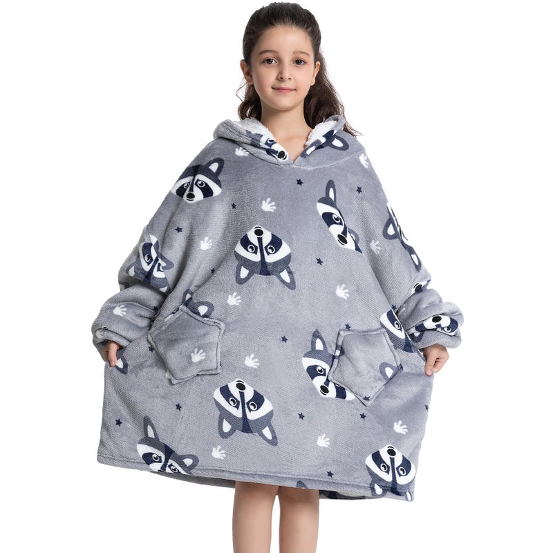 DESERT HOME Deserthome Wearable Blanket Hoodie for Kids 6-12YR Oversized Animal Hooded Blanket Super Soft Comfortable Warm Flannel Grey Raccoon - Image 5