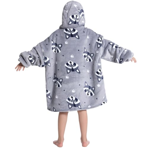 DESERT HOME Deserthome Wearable Blanket Hoodie for Kids 6-12YR Oversized Animal Hooded Blanket Super Soft Comfortable Warm Flannel Grey Raccoon - Image 4