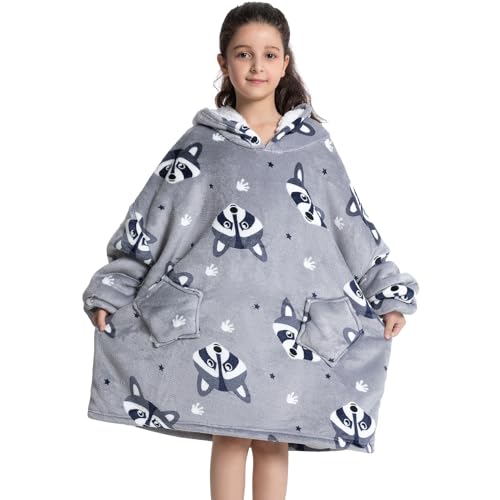 DESERT HOME Deserthome Wearable Blanket Hoodie for Kids 6-12YR Oversized Animal Hooded Blanket Super Soft Comfortable Warm Flannel Grey Raccoon - Image 1