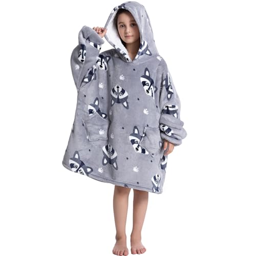 DESERT HOME Deserthome Wearable Blanket Hoodie for Kids 6-12YR Oversized Animal Hooded Blanket Super Soft Comfortable Warm Flannel Grey Raccoon - Image 2