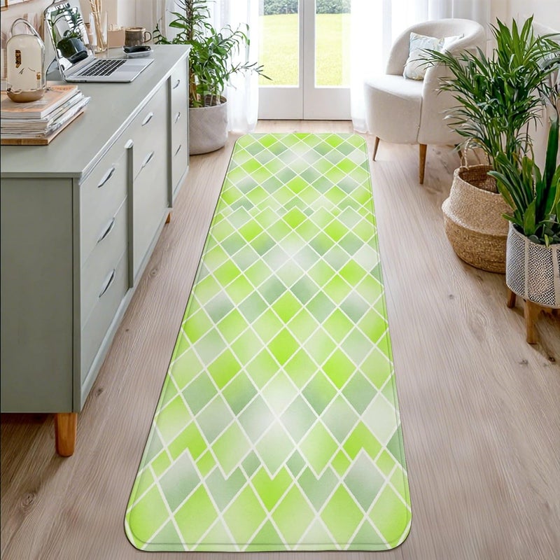 سجادة من نوع "Grid Runner"، ذات تصميم حديث وبسيط على شكل خطوط مربعة بلون أخضر ربيعي، غير زلقة ومقاومة للبقع، مناسبة للأرضيات المنزلية أو مداخل المطابخ أو الحمامات أو جانب السرير، مقاس 2x8 قدم. - Image 4