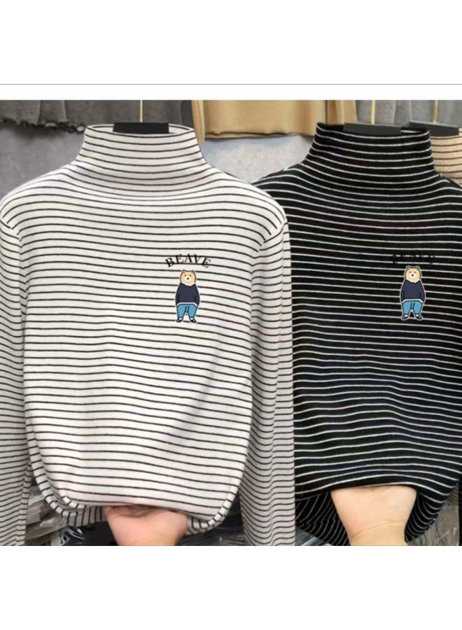 Children's Velvet Base Layer Shirt Semi-turtle Neck Long Sleeve T-shirt Trendy Simple Striped Top Velvet Warm Shirt For Boys And Girls - Image 1