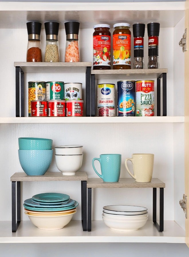 NEX Kitchen Cabinet and Counter Shelf Organizer, Shelf Riser for Pantry Countertop Cupboard Desk Top, Stackable & Expandable, Set of 4, Black and Greige - Image 2