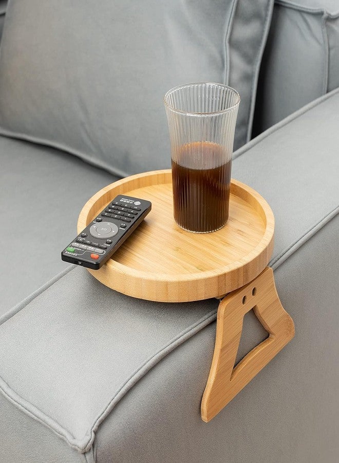 BeFunky Side Tables Natural Bamboo Sofa Armrest Clip-On Tray, Ideal for Remote/Drinks/Phone (Round Shape) - Image 1