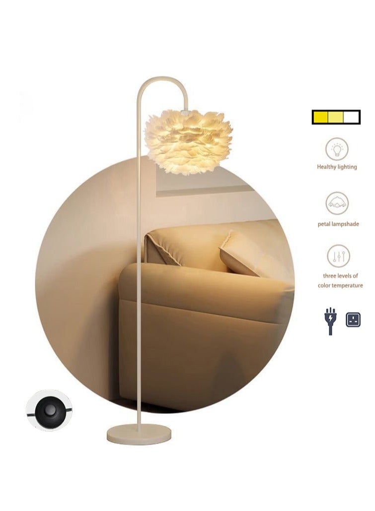 Premium Feather Lampshade Floor Lamp - Cream-Colored Metal Body, 1550mm Height, E27 Socket with Foot Switch, 3-Level Color Temperature Adjustable Remote Control Standing Lamp, Modern Minimalist Style, Suitable for Living Room, Bedroom, Study, and Hotel, 10-20m² Coverage  - Image 1