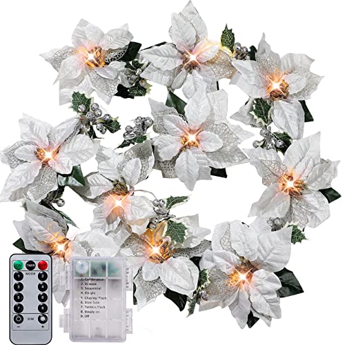 Zubebe 2 Pcs Prelit Poinsettia Christmas Garland with String Lights Glitter Holly Leaves Berries Remote Timer 8 Modes 65 ft Lighted Flower Garland Battery Operated Indoor Outdoor DecorSilver - Image 1