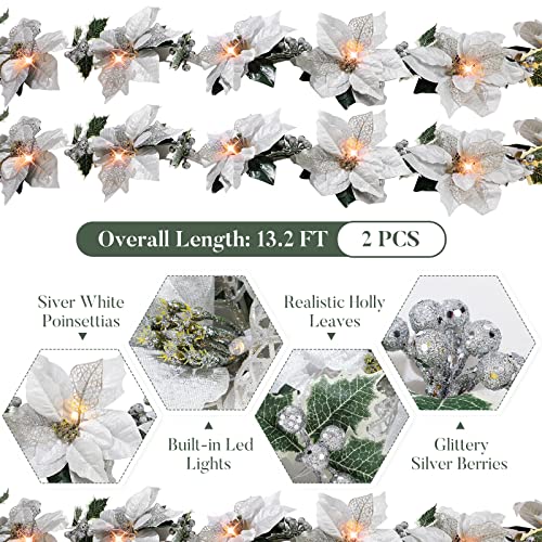 Zubebe 2 Pcs Prelit Poinsettia Christmas Garland with String Lights Glitter Holly Leaves Berries Remote Timer 8 Modes 65 ft Lighted Flower Garland Battery Operated Indoor Outdoor DecorSilver - Image 3
