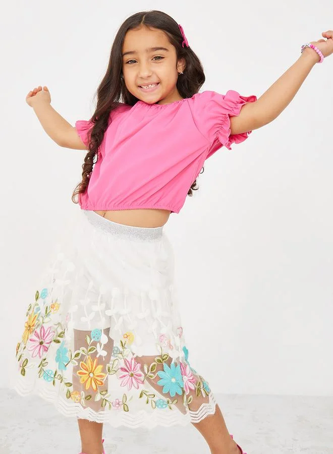 Styli Puff Sleeve Top & Floral Embroidery Mesh Overlay Shorts Set