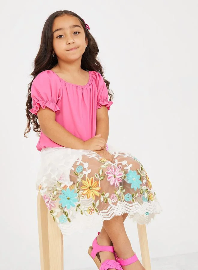 Styli Puff Sleeve Top & Floral Embroidery Mesh Overlay Shorts Set