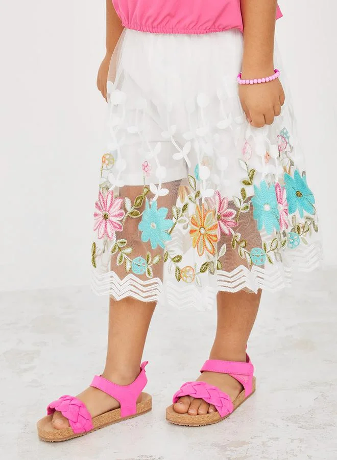 Styli Puff Sleeve Top & Floral Embroidery Mesh Overlay Shorts Set