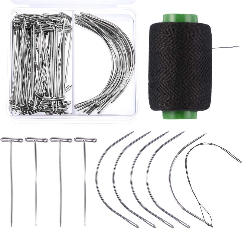 Boao 70 Pieces Wig Making Pins Needles Set, Wig T Pins and C Curved Needles with 328 Yard Thread for Making, Blocking Knitting, Modelling and Crafts - Image 1