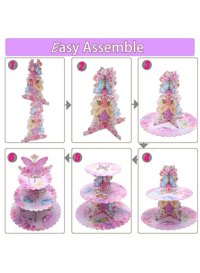 MRPAPA 3 Tier Butterfly Cupcake Stand, Butterfly Birthday Decorations Baby Shower Party Spring Butterfly Birthday Cake Stand Pink Purple Butterfly Dessert Tower for Party Supplies - Image 3