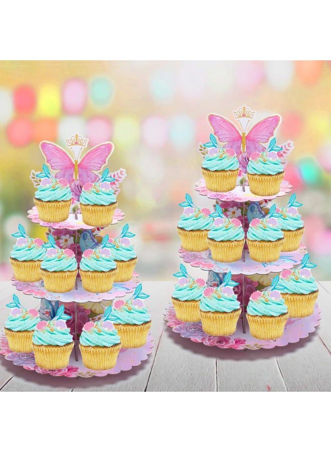 MRPAPA 3 Tier Butterfly Cupcake Stand, Butterfly Birthday Decorations Baby Shower Party Spring Butterfly Birthday Cake Stand Pink Purple Butterfly Dessert Tower for Party Supplies - Image 2