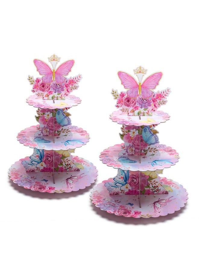 MRPAPA 3 Tier Butterfly Cupcake Stand, Butterfly Birthday Decorations Baby Shower Party Spring Butterfly Birthday Cake Stand Pink Purple Butterfly Dessert Tower for Party Supplies - Image 1
