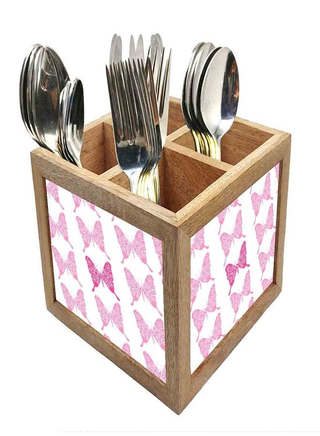 Nutcase Wooden Cutlery Stand Holder Silverware Caddy Spoons Forks Knives Organizer for Dining Table & Kitchen -Made in India-Spoons NOT Included - Pink Butterfly - Image 1