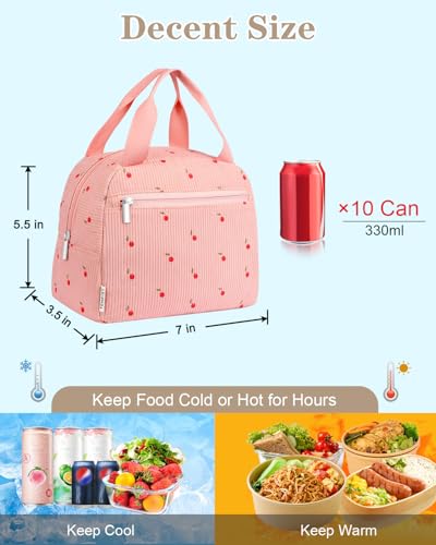 TENKIST Cute Lunch Box Tote Bag - CoolerCorduroy Insulated Bags for Women - Lightweight Reusable Portable Soft Lunch Pail Kit for Kids Teen Girl Adults Work School Picnic Travel Pink 8L - Image 2