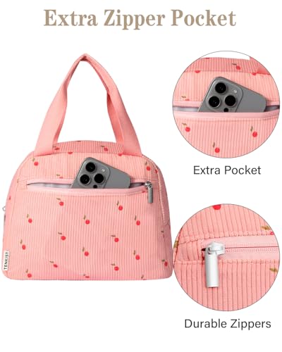 TENKIST Cute Lunch Box Tote Bag - CoolerCorduroy Insulated Bags for Women - Lightweight Reusable Portable Soft Lunch Pail Kit for Kids Teen Girl Adults Work School Picnic Travel Pink 8L - Image 3