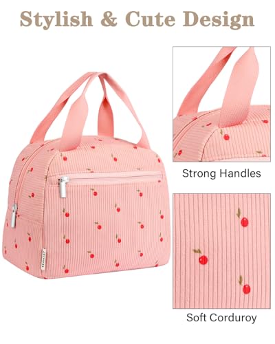 TENKIST Cute Lunch Box Tote Bag - CoolerCorduroy Insulated Bags for Women - Lightweight Reusable Portable Soft Lunch Pail Kit for Kids Teen Girl Adults Work School Picnic Travel Pink 8L - Image 4
